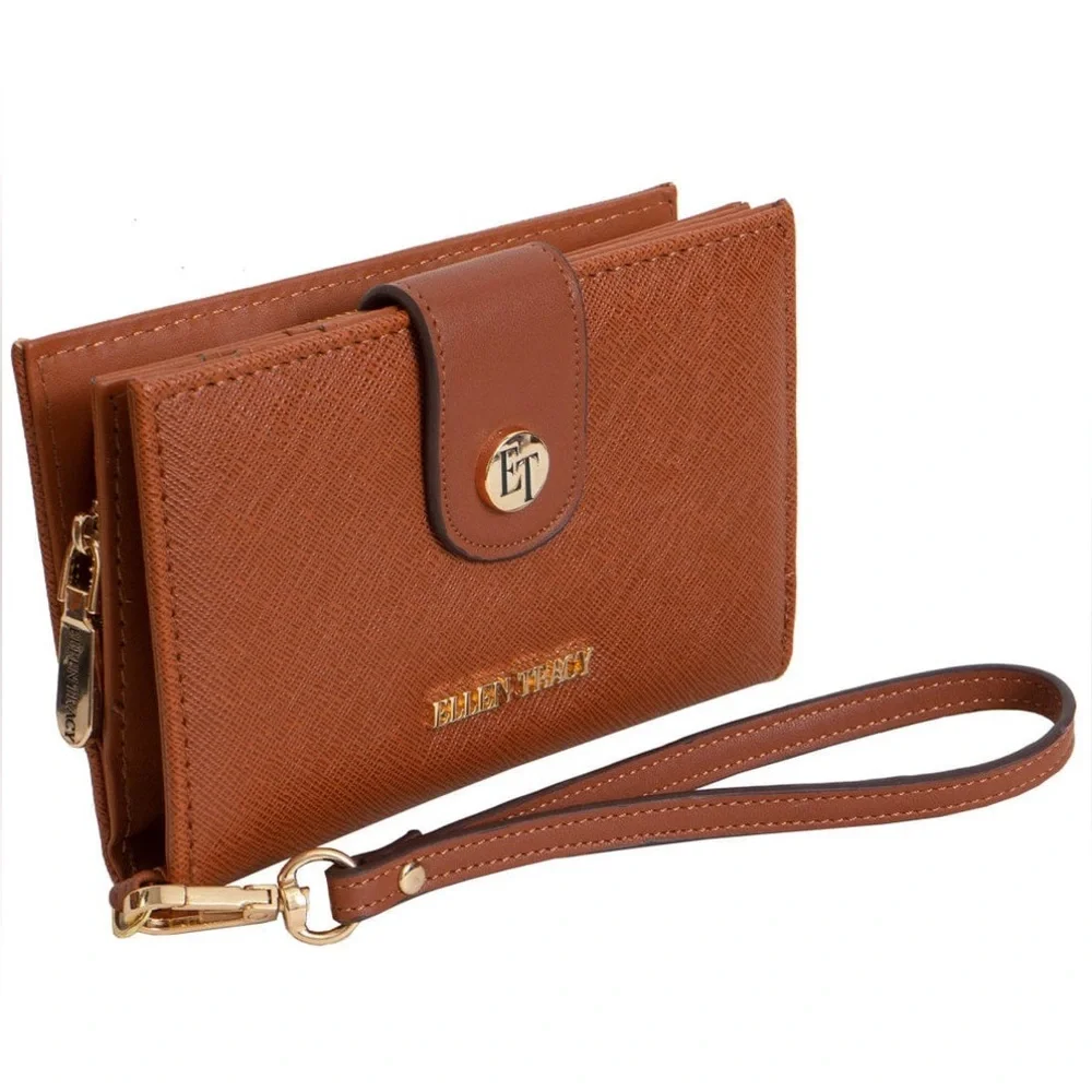 Ellen Tracy nwt Saffiano Zip Around Indexer Wallet wristlet in cognac